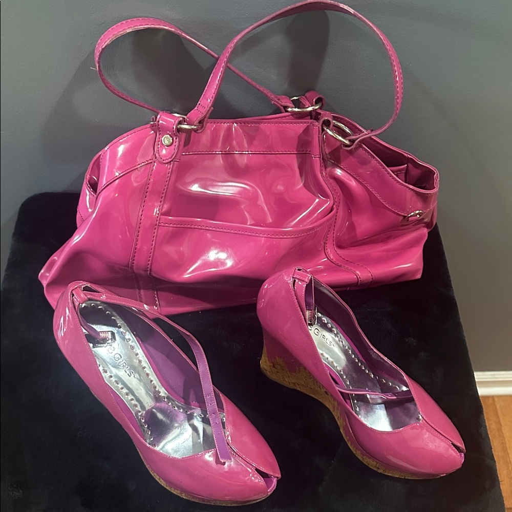 Pink Patent Leather Handbag and Wedge Set